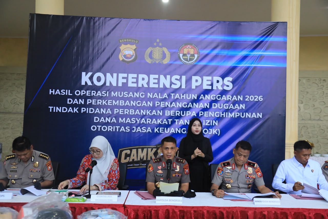 Kapolda Bengkulu Pimpin Konferensi Pers Hasil Operasi Musang Nala 2026 dan Pengungkapan Investasi Bodong